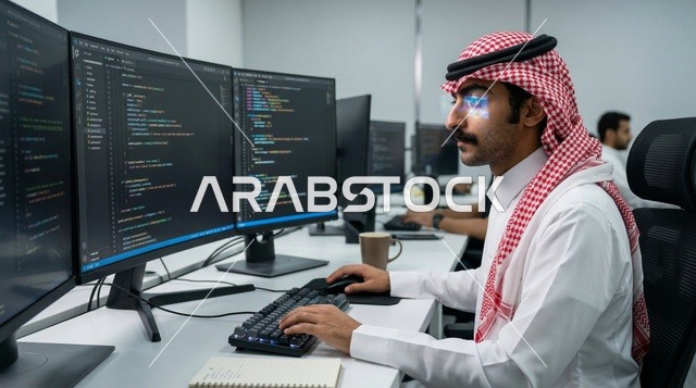 مبرمج سعودي يكتب الأكواد أمام شاشات المكتب الحديثة