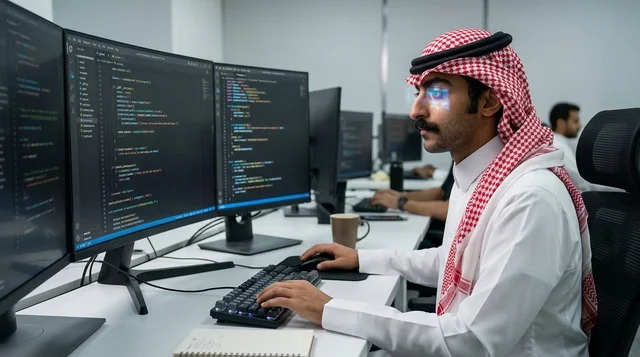 مبرمج سعودي يكتب الأكواد أمام شاشات المكتب الحديثة