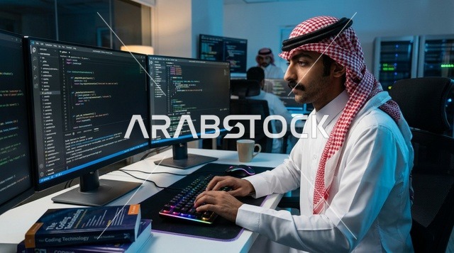 Saudi Programmer Coding on Multiple Screens at Night
