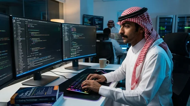 مبرمج سعودي يكتب الأكواد البرمجية ليلاً في المكتب
