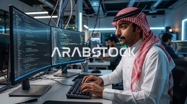 مبرمج سعودي يكتب الأكواد البرمجية ليلاً في المكتب