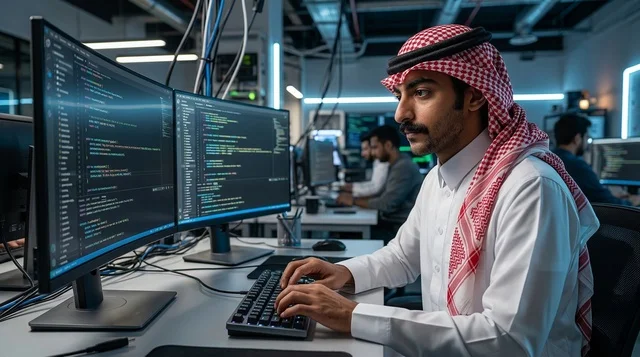 مبرمج سعودي يكتب الأكواد البرمجية ليلاً في المكتب