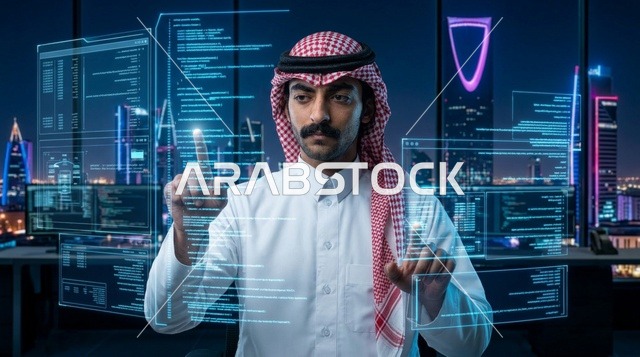 رجل سعودي يتفاعل مع شاشات هولوغرام ذكية بالرياض