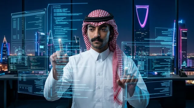 رجل سعودي يتفاعل مع شاشات هولوغرام ذكية بالرياض