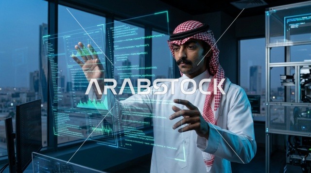 رجل أعمال سعودي يتفاعل مع شاشة هولوغرام ذكية