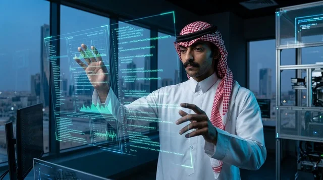 رجل أعمال سعودي يتفاعل مع شاشة هولوغرام ذكية