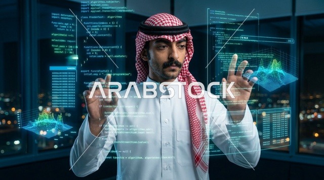 Saudi Developer Interacts with Virtual Reality Screens