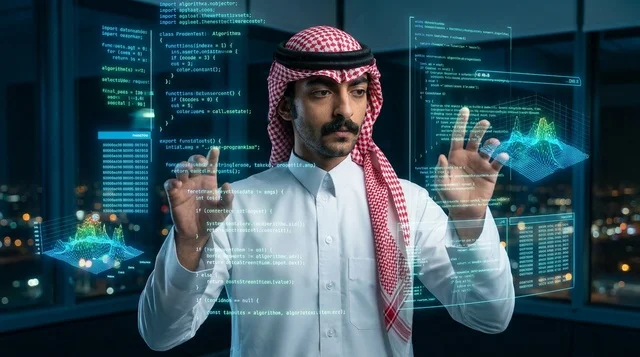 Saudi Developer Interacts with Virtual Reality Screens
