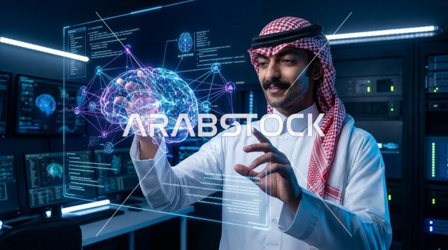 رجل سعودي يتفاعل مع هولوغرام دماغ ثلاثي الأبعاد