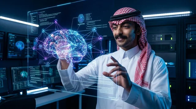 Saudi Man Interacting with Holographic Brain Interface