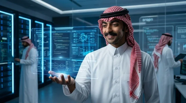 Saudi IT Specialist in Modern Server Room Hologram