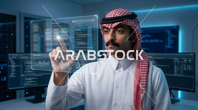 Saudi Engineer Interacting with Holographic Screen in Tech Lab