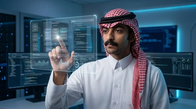 Saudi Engineer Interacting with Holographic Screen in Tech Lab