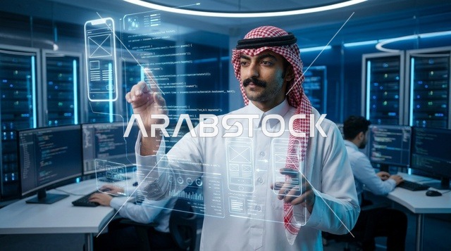 مطور برمجيات سعودي يتفاعل مع شاشة هولوغرام ذكية