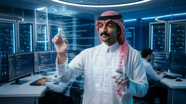 مطور برمجيات سعودي يتفاعل مع شاشة هولوغرام ذكية