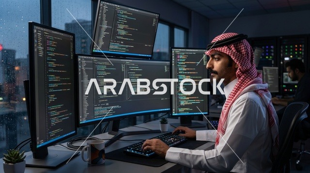 مبرمج سعودي يكتب الأكواد البرمجية ليلاً في المكتب