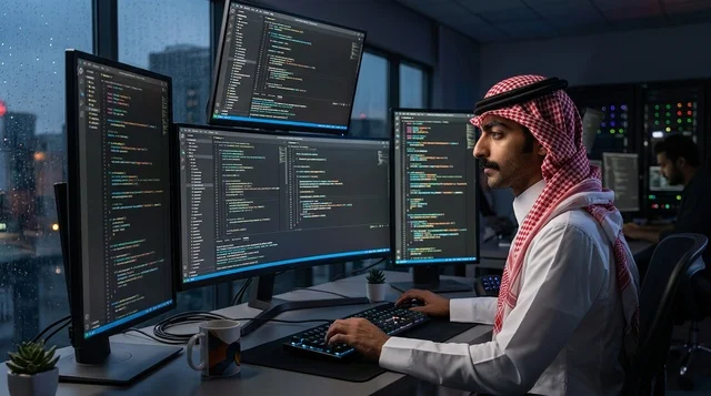 مبرمج سعودي يكتب الأكواد البرمجية ليلاً في المكتب