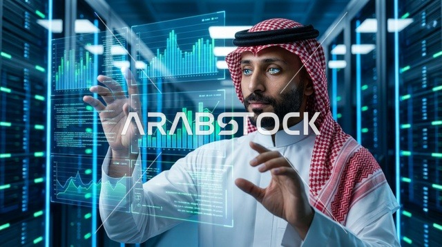 أخصائي تقنية معلومات سعودي مع هولوغرام في غرفة خوادم