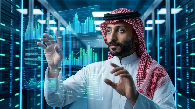 أخصائي تقنية معلومات سعودي مع هولوغرام في غرفة خوادم