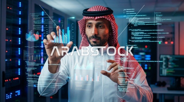 مهندس تقنية سعودي يحلل البيانات الافتراضية في غرفة الخوادم