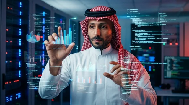 Saudi IT Specialist Analyzing Virtual Data in Server Room