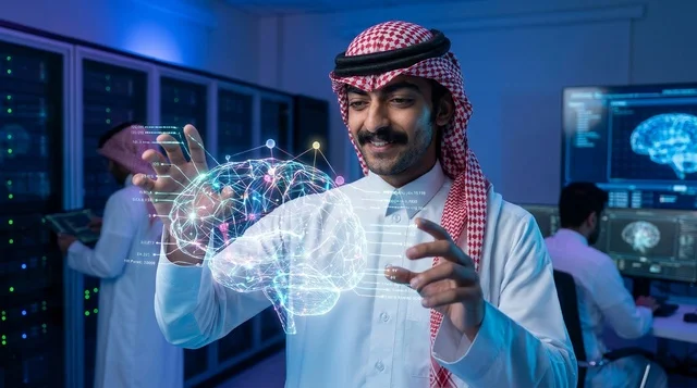 Saudi IT Specialist with Holographic Brain in Data Center