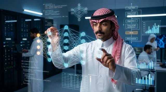 Saudi Engineer Interacting with Holographic AI Interface