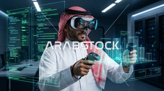 Saudi Man in VR Headset Interacting with Holograms