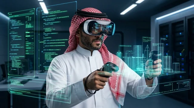 رجل سعودي يرتدي نظارة واقع افتراضي مع مجسم هولوجرام
