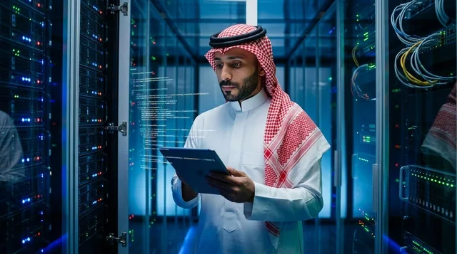 أخصائي تقنية معلومات سعودي في غرفة خوادم البيانات