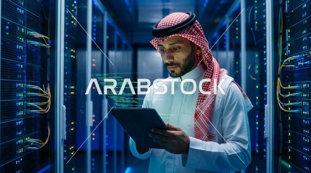 أخصائي تقنية معلومات سعودي في غرفة خوادم مركز البيانات