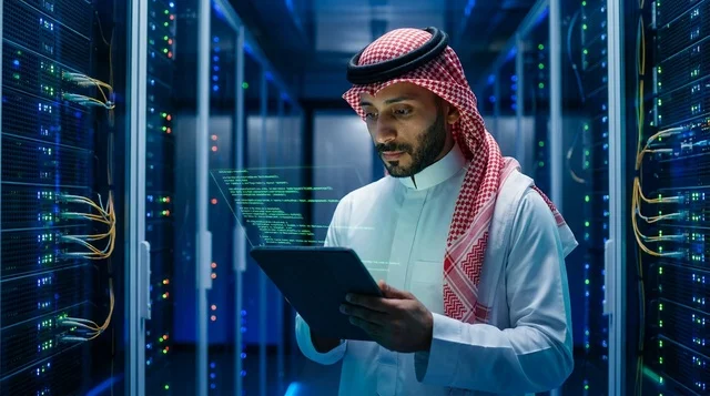 أخصائي تقنية معلومات سعودي في غرفة خوادم مركز البيانات