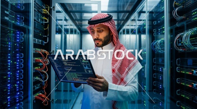 أخصائي تقنية معلومات سعودي في غرفة خوادم مركز البيانات