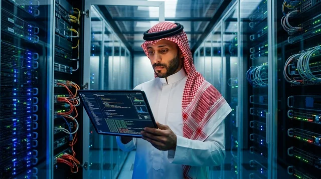 أخصائي تقنية معلومات سعودي في غرفة خوادم مركز البيانات
