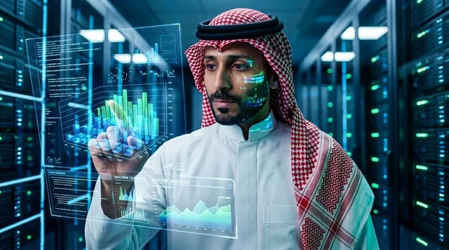 Saudi Information Technology Specialist in the data center server room.