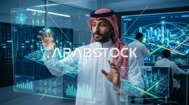 مهندس سعودي يتفاعل مع شاشة ذكية ثلاثية الأبعاد