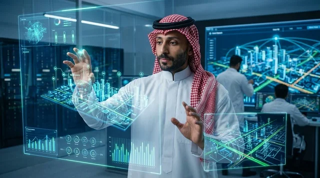 مهندس سعودي يتفاعل مع شاشة ذكية ثلاثية الأبعاد