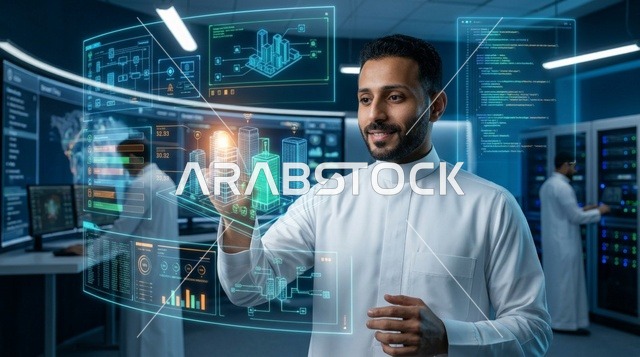 مهندس سعودي يتفاعل مع شاشة هولوغرام لمدينة ذكية