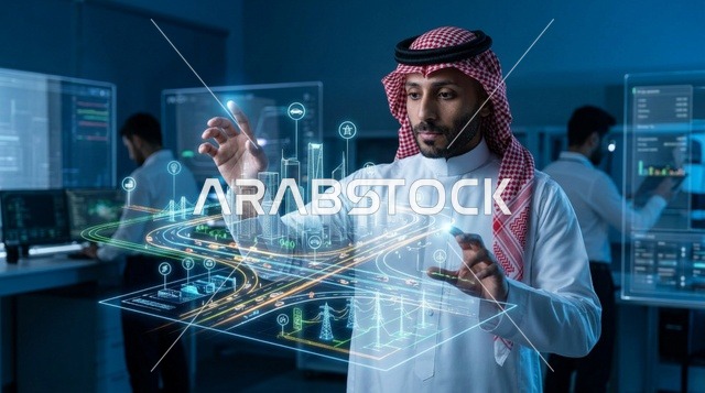 مهندس سعودي يتفاعل مع هولوغرام ثلاثي الأبعاد للمدينة الذكية
