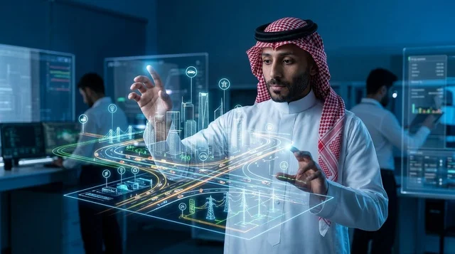 مهندس سعودي يتفاعل مع هولوغرام ثلاثي الأبعاد للمدينة الذكية