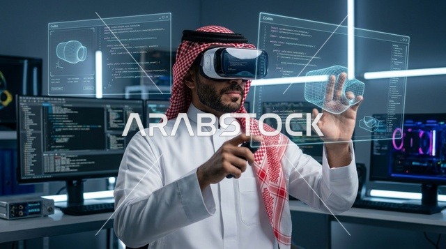 رجل سعودي يستخدم خوذة الواقع الافتراضي في مختبر تقني