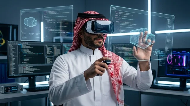 Saudi Man Wearing VR Headset in Futuristic Tech Lab