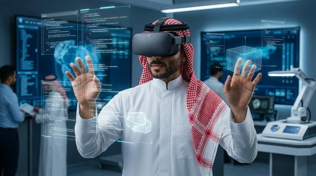 رجل سعودي يستخدم نظارة الواقع الافتراضي في مختبر تقني