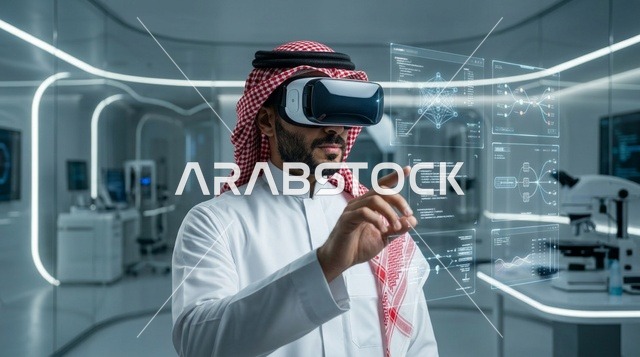 رجل سعودي يستخدم نظارة واقع افتراضي في مختبر مستقبلي