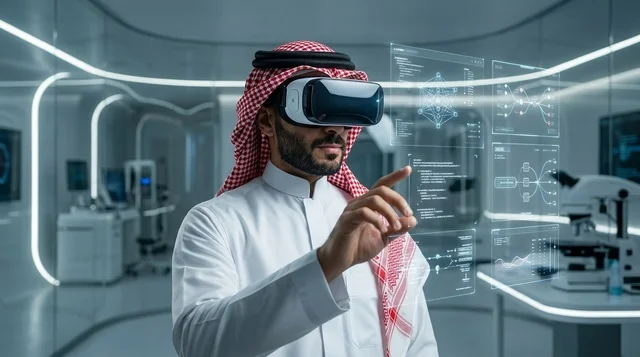 رجل سعودي يستخدم نظارة واقع افتراضي في مختبر مستقبلي