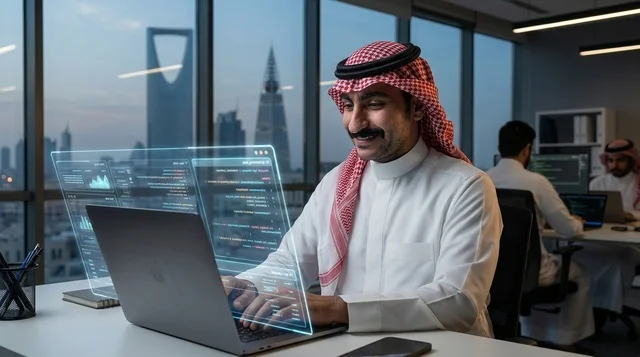 رجل أعمال سعودي يعمل في مكتب بالرياض مع هولوغرام