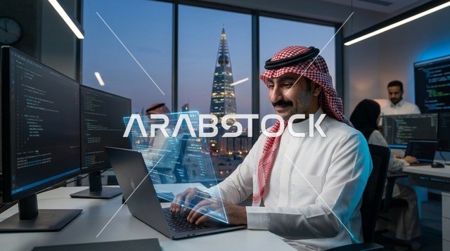 مبرمج سعودي يعمل في مكتب ذكي بالرياض ليلاً