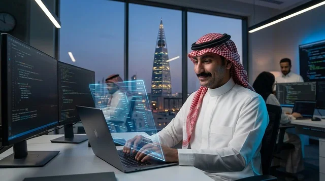 Saudi Programmer Working in Riyadh Office at Night