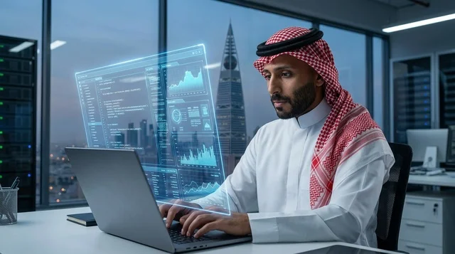رجل أعمال سعودي يعمل في مكتب بالرياض مع شاشة هولوجرام