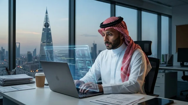 رجل أعمال سعودي يعمل في مكتب بالرياض مع شاشة هولوجرام